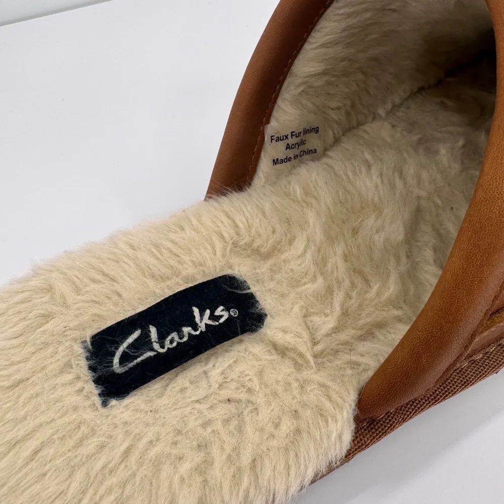 Clarks Men's Size 10 Leather Faux Fur Lined Scuff Slip Ons Slippers Tan Brown - Picture 6 of 11